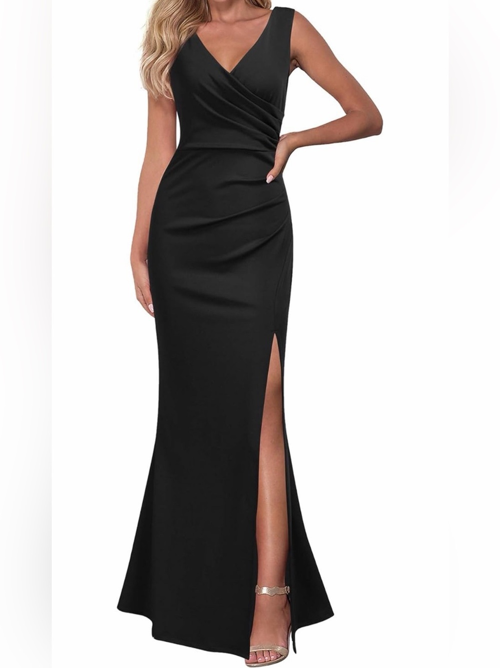 NWT Elegant Black V-Neck Maxi Dress with Side Slit, Small